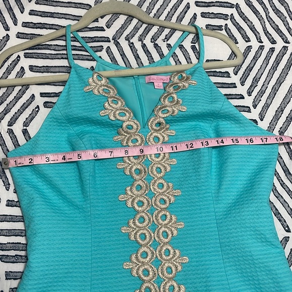 Lilly Pulitzer Pearl Seaside Aqua Metallic Gold Lace Shift Dress - Picture 6 of 7